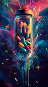 Colorful capsules swirl in a neon glass jar explosion.