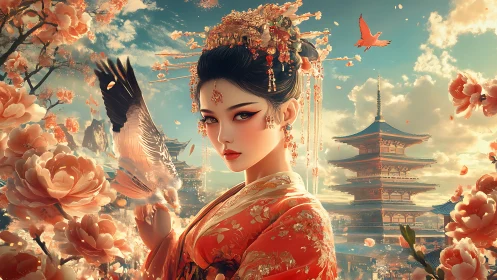 Elegant geisha stands amid blossoms and soaring cranes at dusk