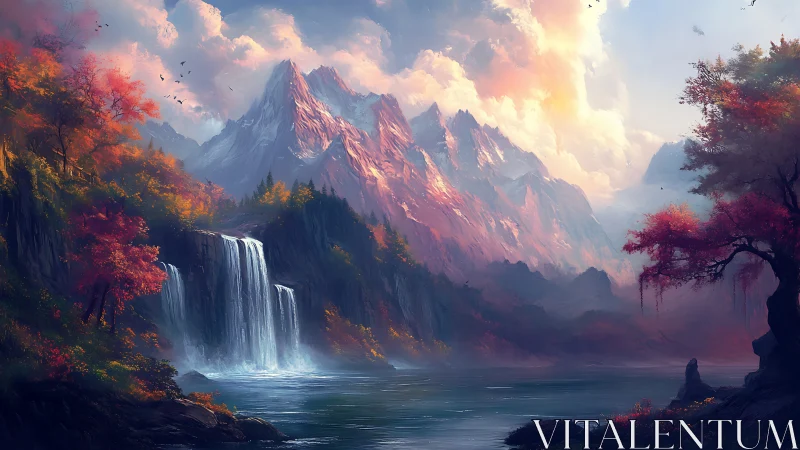 Digital landscape shows waterfall, lake and distant mountains