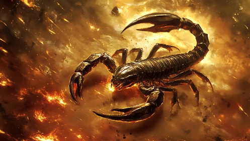 Metallic scorpion form is rendered against a fiery backdrop