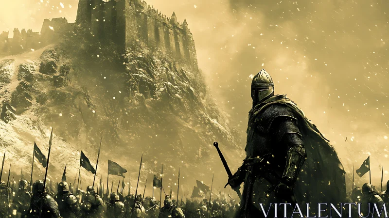Armored knight leading medieval army below fortress walls.