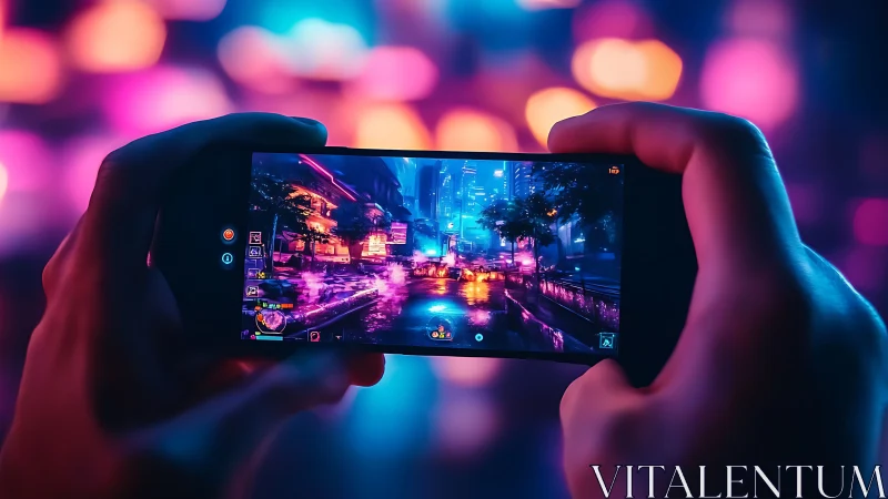 Mobile gamer holding phone with neon cyberpunk city game.