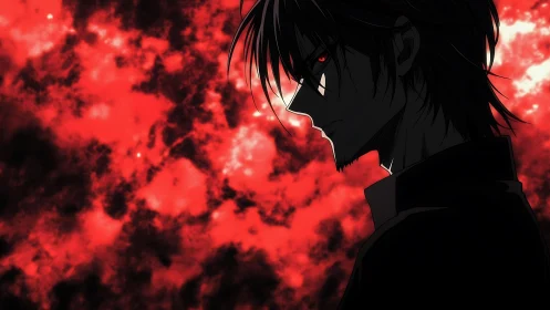 Brooding anime antihero gazes ahead in a crimson storm