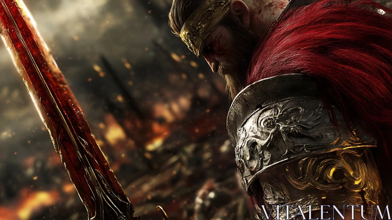 Armored warrior with red cloak in burning battlefield scene.