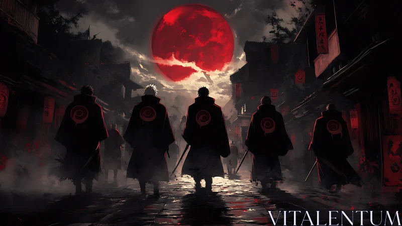 Red lunar eclipse dominates cloaked warriors in alleyway march