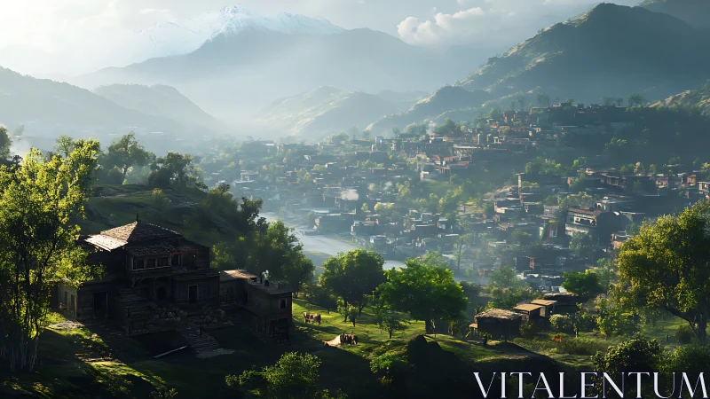 Mountain valley settlement at dawn with terraced hillside village