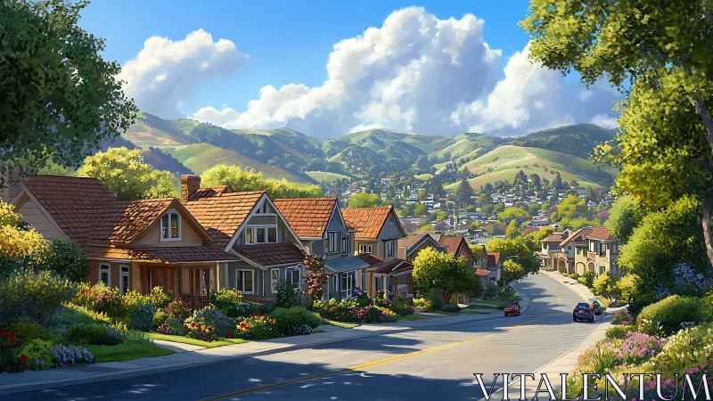 Sunny suburban hillside neighborhood under bright blue sky.