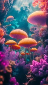 Luminescent coral forest with towering neon mushrooms.