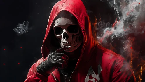 Hooded skeletal figure in red jacket amid drifting smoke plumes