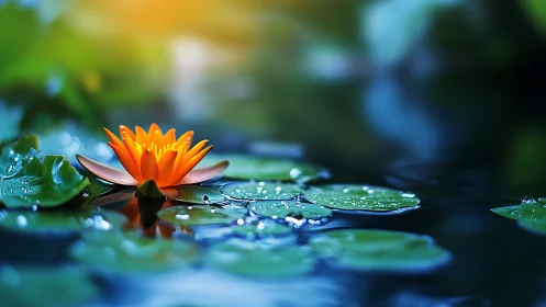 Orange water lily on calm pond with reflected light.