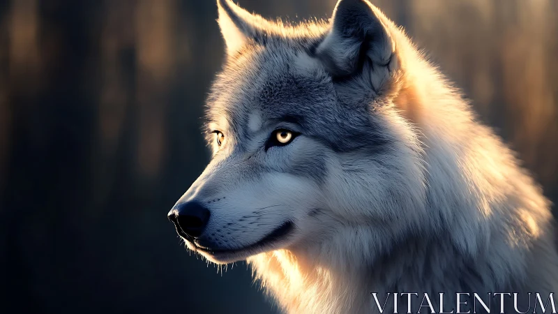 High-detail side portrait of wolf in rim-lit backlighting conditions