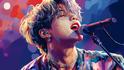 Neon stage siren pouring color and sound into midnight air.