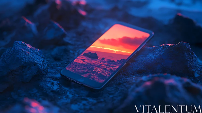 Sunset trapped in a phone on a cool rocky shoreline.