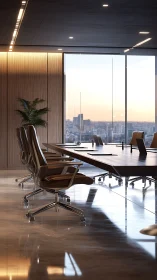 Modern boardroom interior shows conference table and chairs