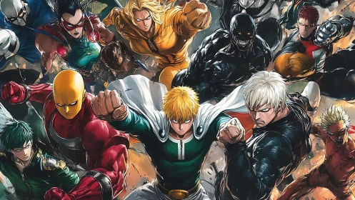 Dynamic multi-hero combat convergence in high-energy anime tableau.