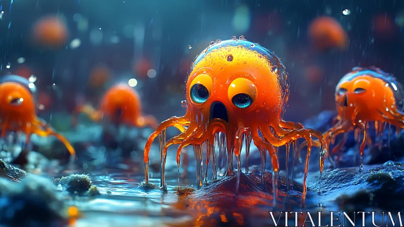 Glowing jelly creatures under rainy bioluminescent seascape.