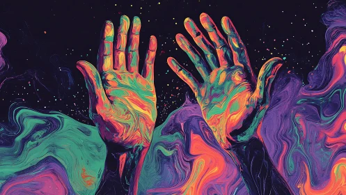 Two raised hands rendered in multicolored fluid patterns