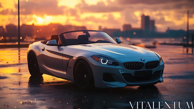 Sunlit city convertible waiting on a glowing wet pier.