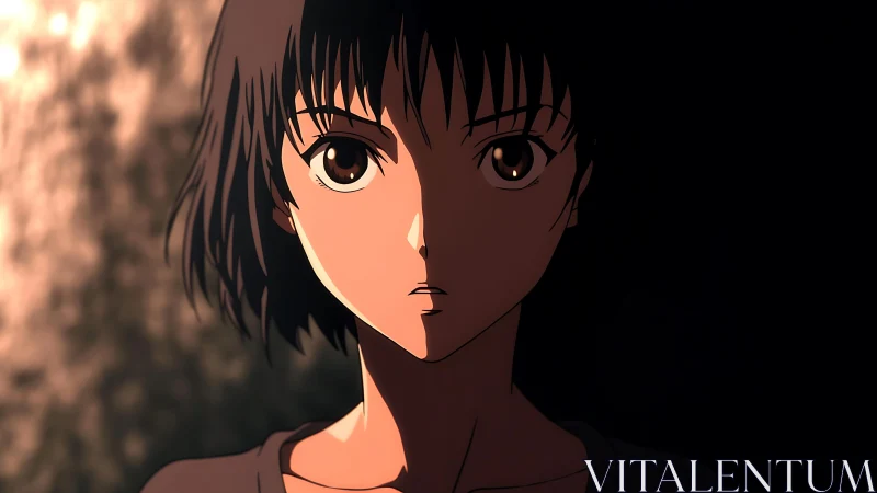 Anime portrait in dramatic chiaroscuro with frontal symmetry.