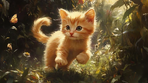 Adorable Orange Kitten Exploring a Sunlit Garden Path.