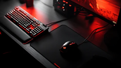 Red-backlit mechanical gaming keyboard, mouse and monitor setup