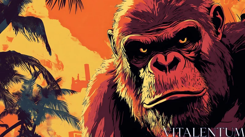 Bold jungle gorilla gazes ahead in blazing sunset light