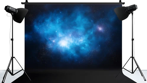 Studio backdrop with blue nebula space photography print.