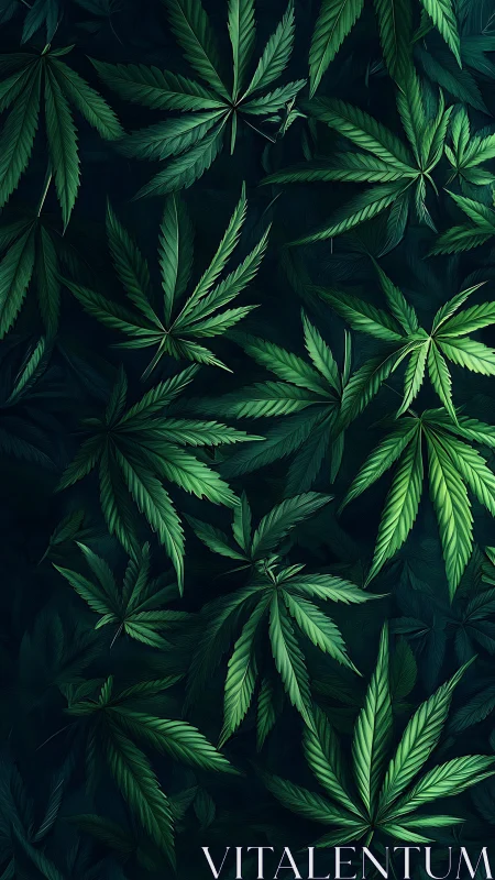 Cannabis leaves pattern on dark green background surface.