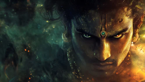 Mythic warrior close-up in glowing emerald forehead jewel portrait.