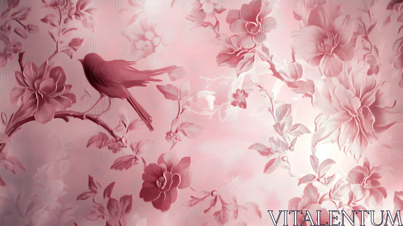 Monochrome songbird rests amid ornate rose floral branches