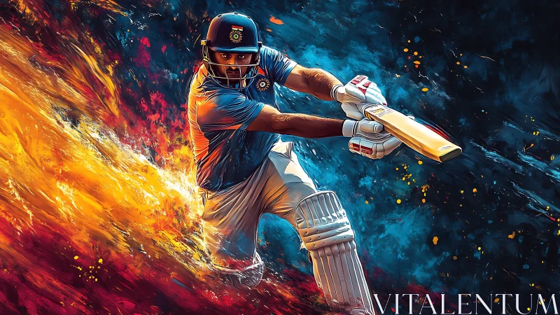 Cricket batter charging through swirling fire and sky.
