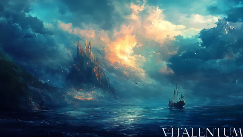 Mystical Castle Emerges from Glowing Clouds Over Ocean