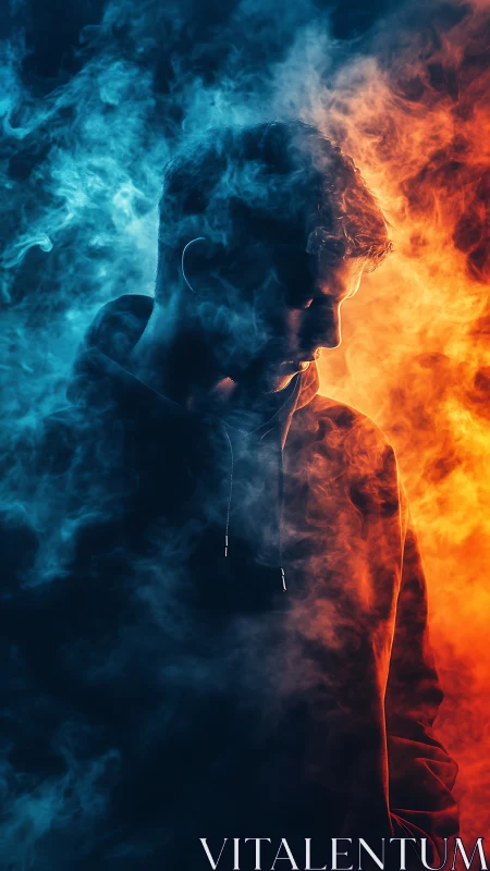 Silhouetted male figure in contrasting blue and orange smoke.
