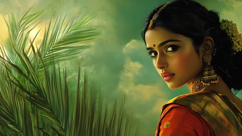 Woman in traditional attire before green palm foliage.