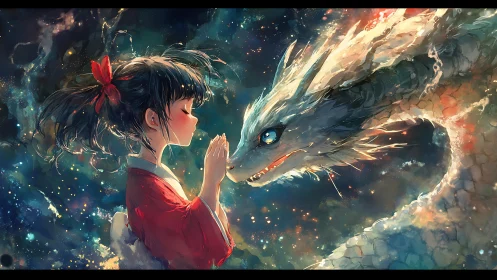 Stellar interface: robed girl synchronizing with aeonic dragon.