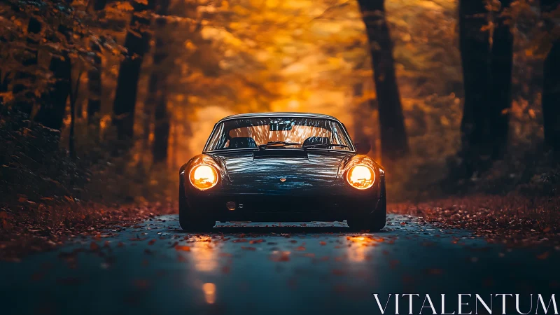 Classic sports car glows through a misty autumn forest lane