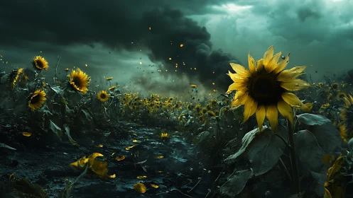 Stormlit sunflower field under burning war-torn sky.