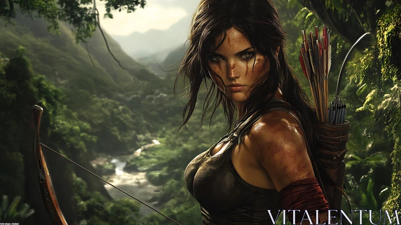 Jungle huntress stands battle-scarred in verdant canyon