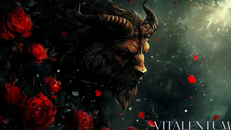 Horned beast emerges through crimson roses, eyes burning.