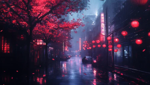 Neon red lanterns glow over rainy night city street