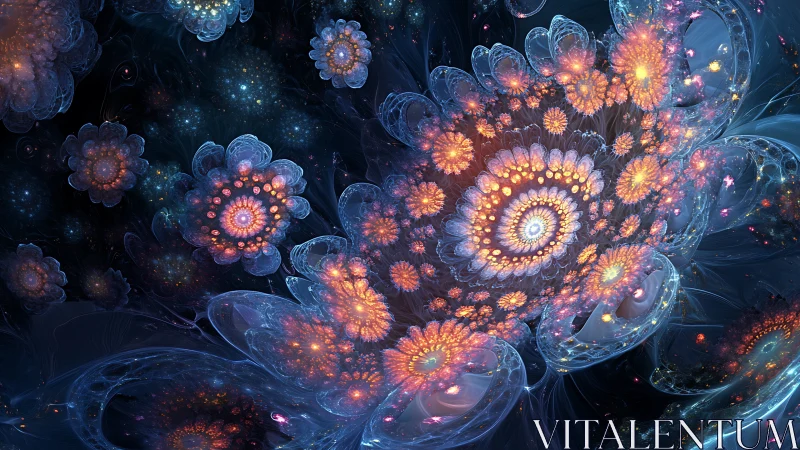 Fractal floral structures with luminous radial clusters.