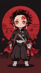 Chibi demon slayer swordsman stands before red moon circle