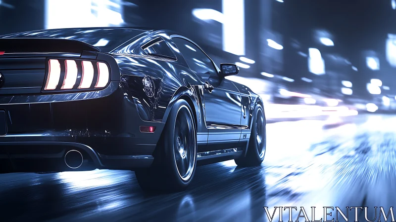 Black sports car speeding through neon lit city streets.