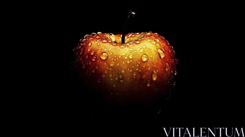 Macro apple close-up with water droplets on black background.