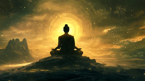 Starlit cosmos hushes as meditating Buddha shapes golden dawn
