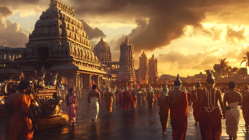 Golden temple procession glows beneath a dramatic evening sky