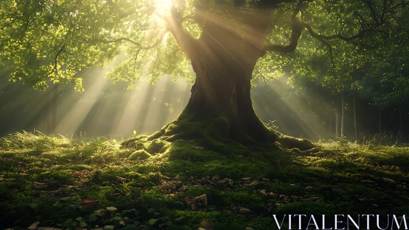 Majestic ancient tree bathed in sunlight, enchanting forest scene.