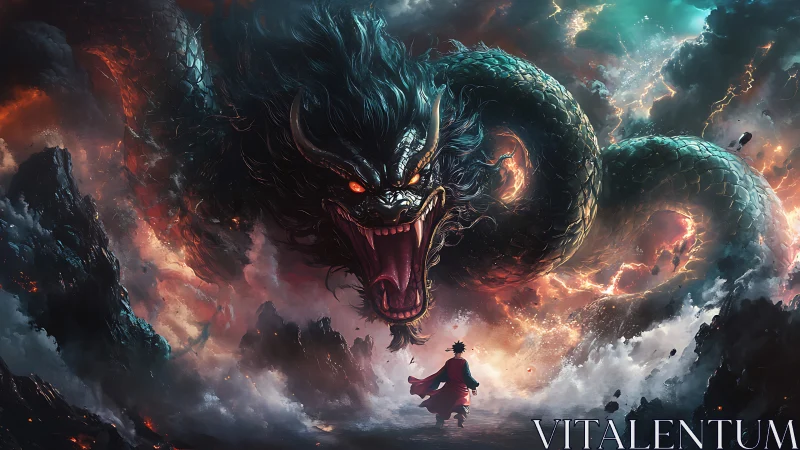 Storm-breathing dragon roars above lone ember-cloaked hero.