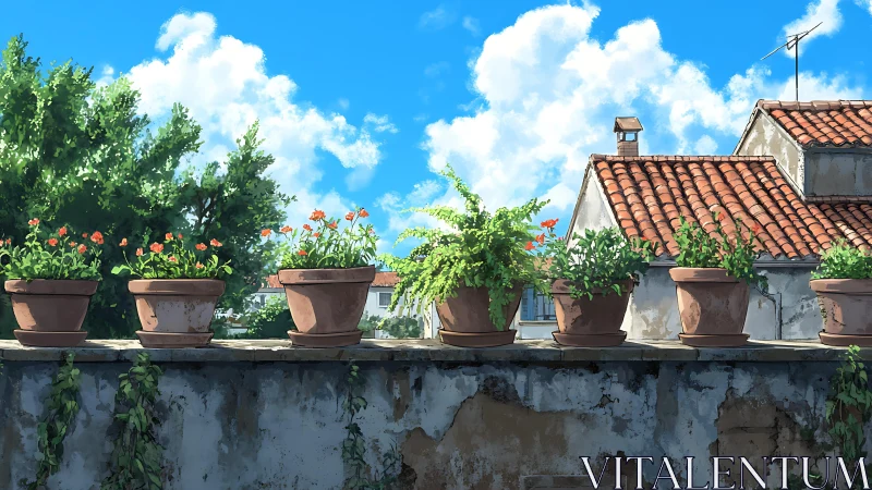 Sunlit rooftop garden pots under a bright summer sky.