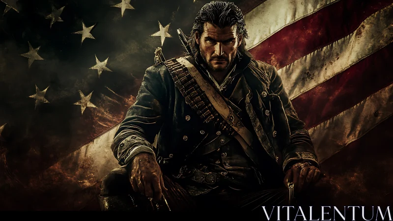 Grim armed soldier before worn American flag backdrop.